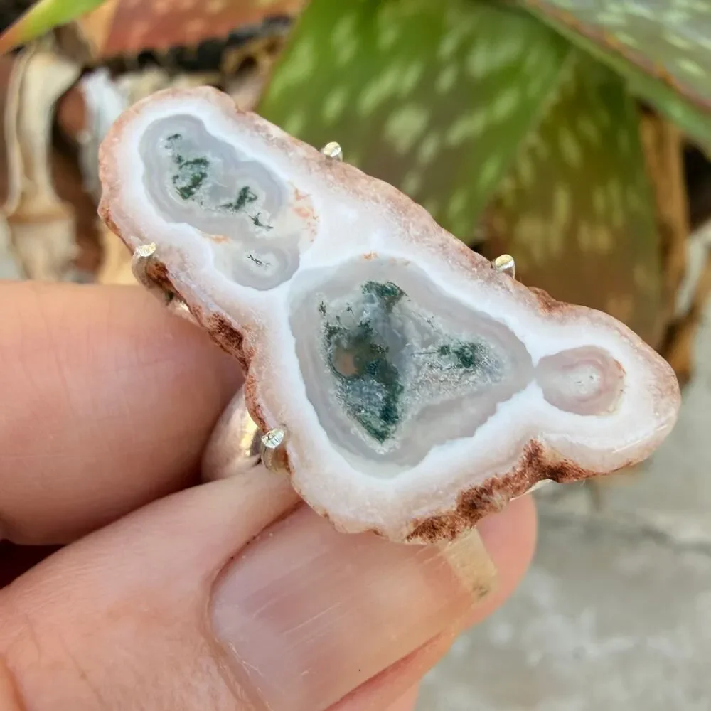 Solar Quartz Slice Druzy Ring 925 Silver Overlay Size 9, Tree Agate Ring